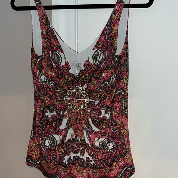 Cache NWOT Womans Tank Top  Coral Jeweled Gold Gathered Lined Sz M - Picture 1 of 5